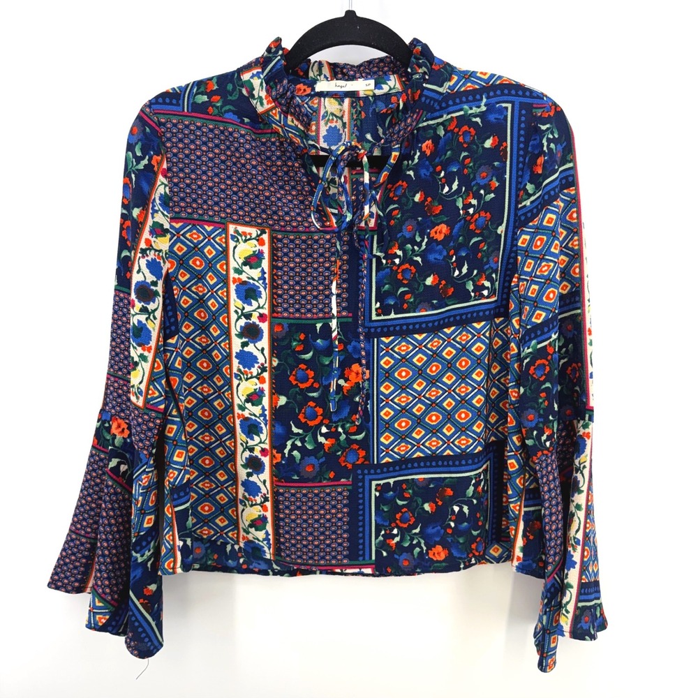 Hazel Anthro Boho Patchwork Blouse Small Petite Tie Neck 70s Retro Flare Sleeve